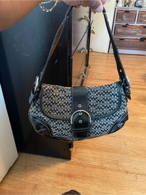 Coach Black and Gray Signature Buckle Shoulder Bag